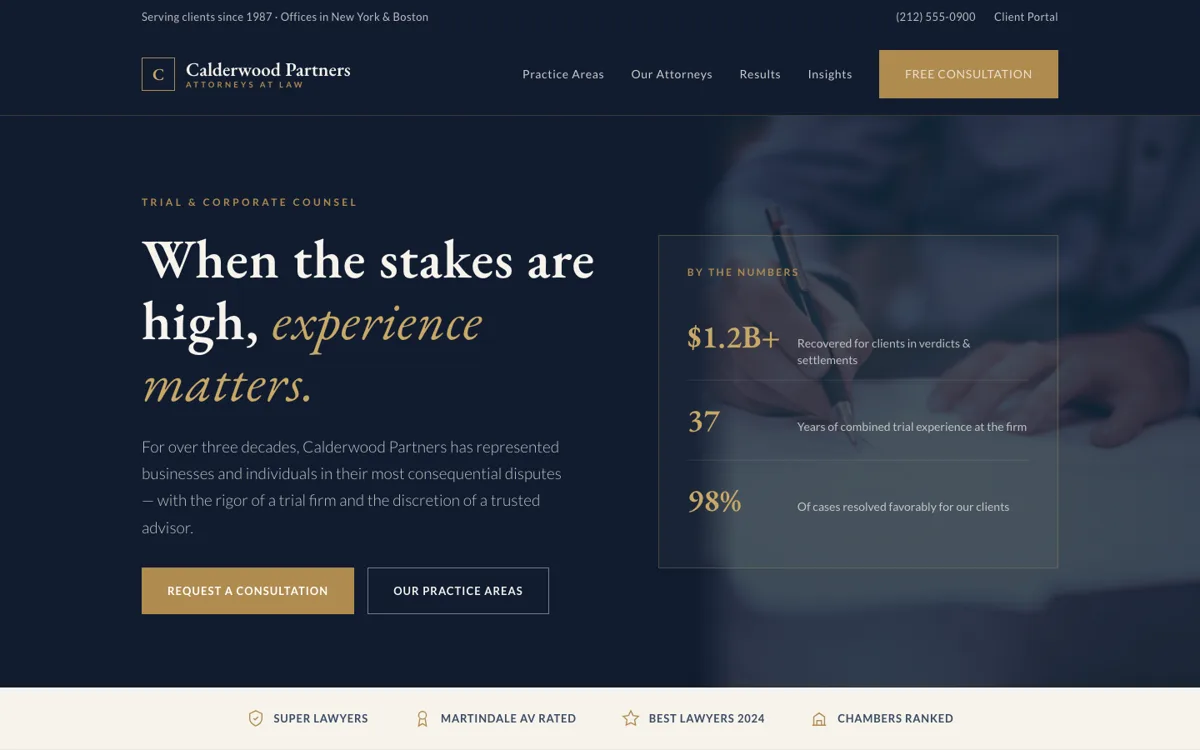 Calderwood Partners law firm website — authoritative serif design