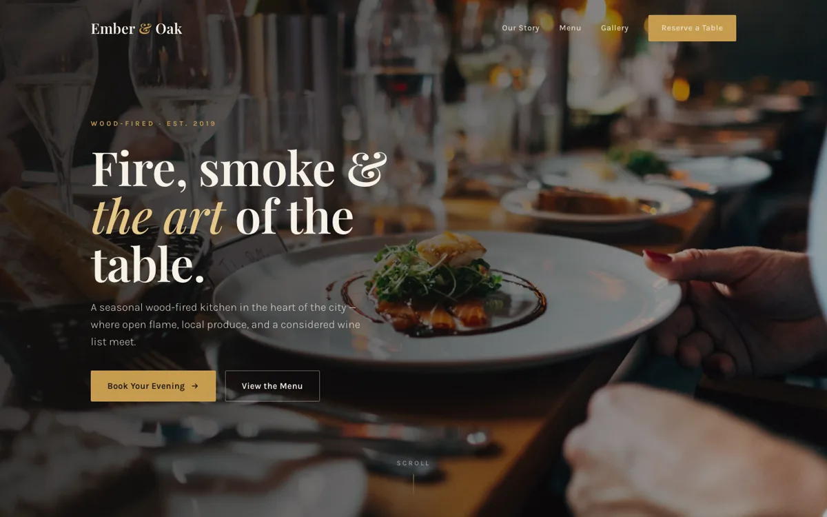 Ember & Oak restaurant website — dark, moody hero with wood-fired menu