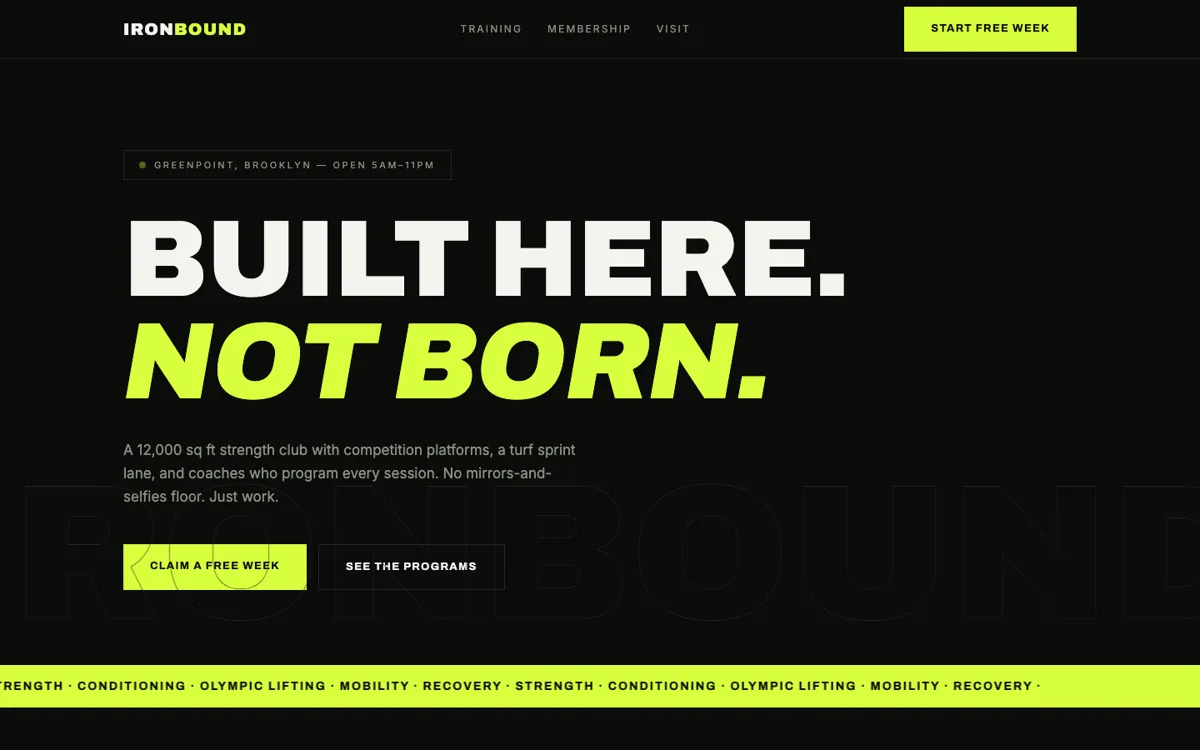 Ironbound Strength Club website — bold black and volt green athletic design