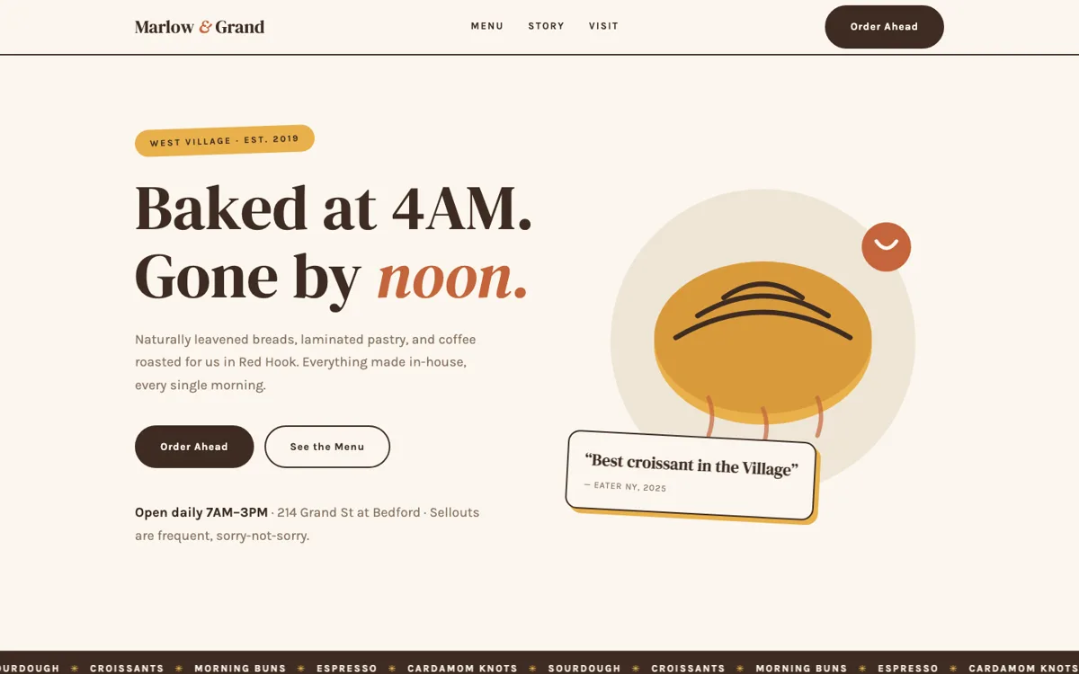 Marlow & Grand bakery website — warm cream and butter-yellow playful design