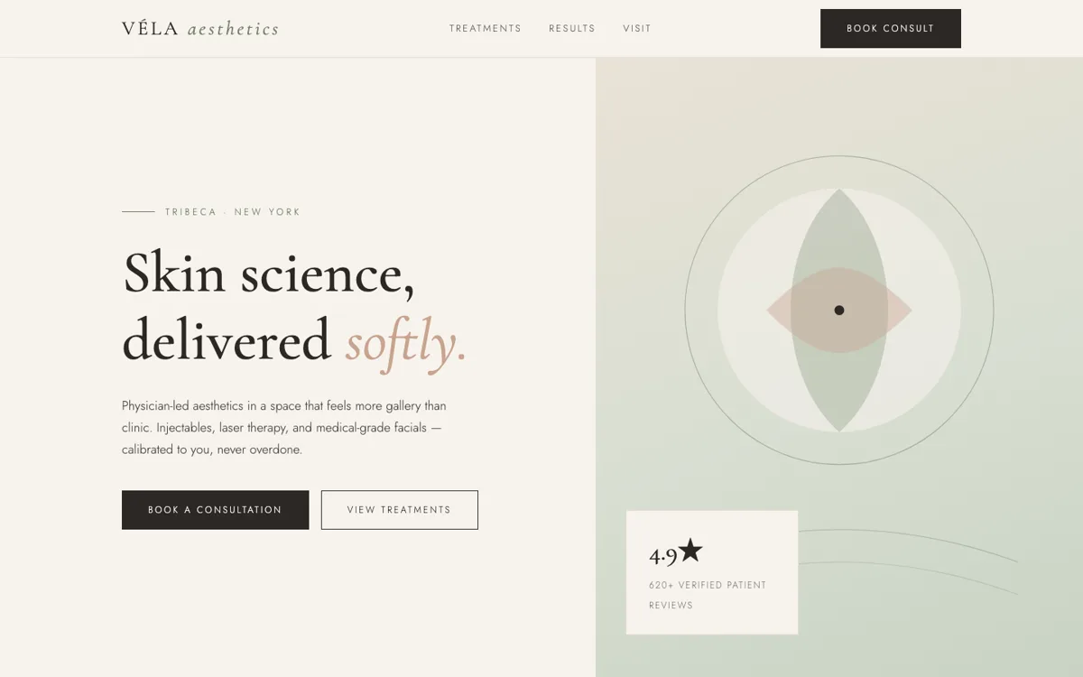 Véla Aesthetics med spa website — soft editorial design in sage and cream